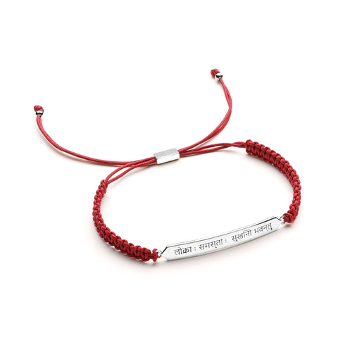Sanskrit Chant "May All Beings Be Happy & Free" Macrame Red Cord Bracelet, 18k Gold