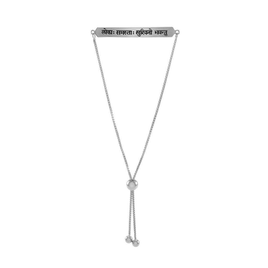 Sanskrit Chant - May All Beings Be Happy - Free Box Chain Bracelet - White Rhodium