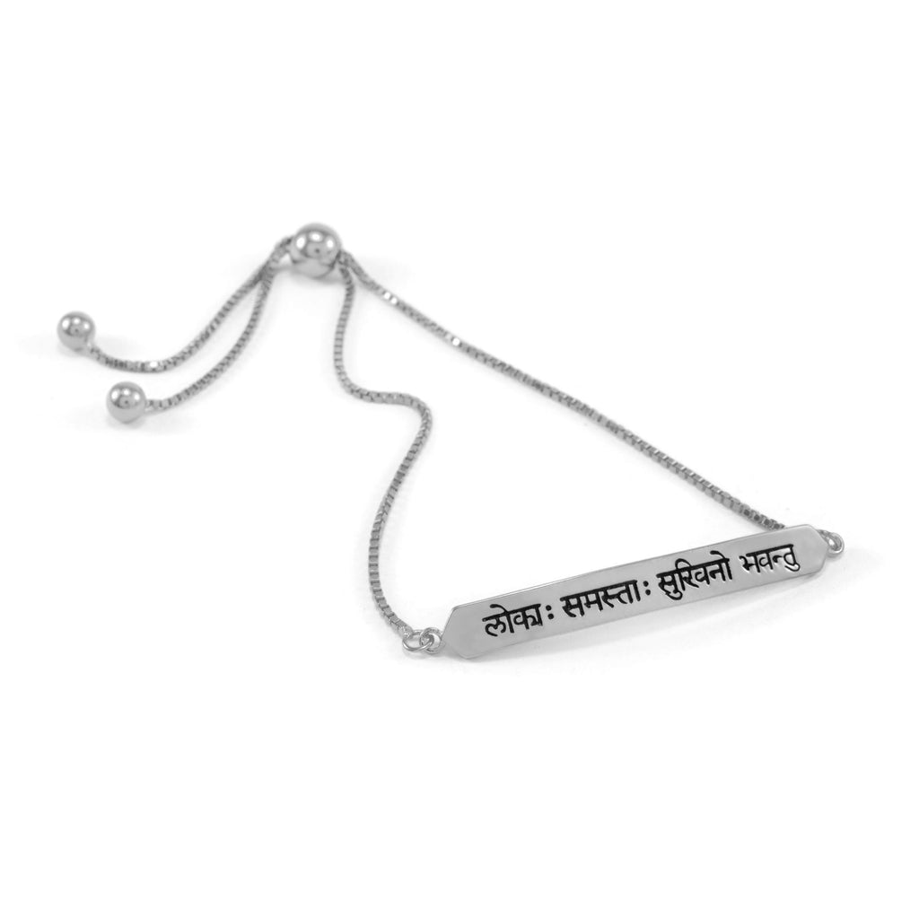Sanskrit Chant - May All Beings Be Happy - Free Box Chain Bracelet - White Rhodium
