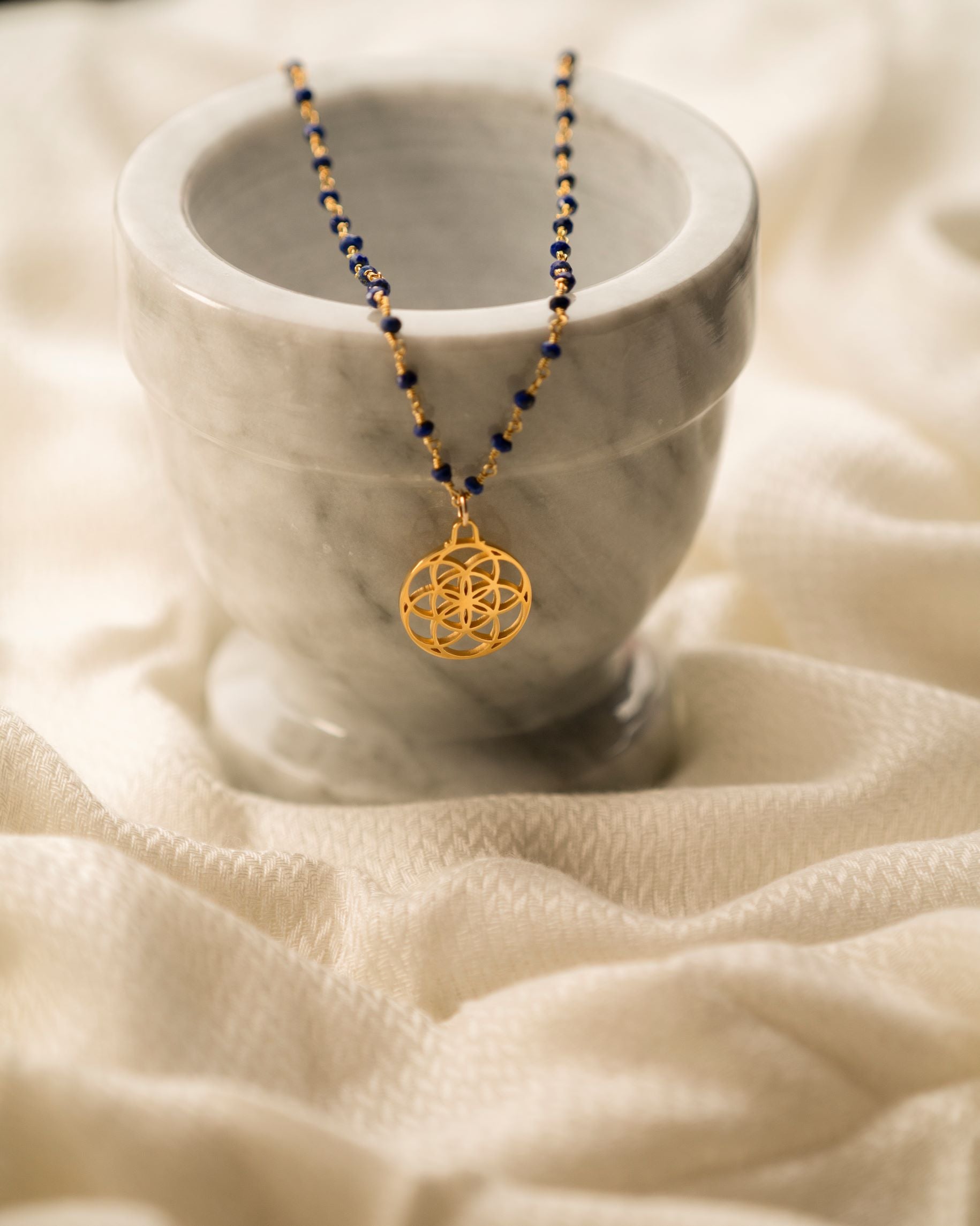 Truth & Awareness Seed of Life Necklace – Lapis Lazuli – 18k Gold Finish Sacred Geometry Pendant