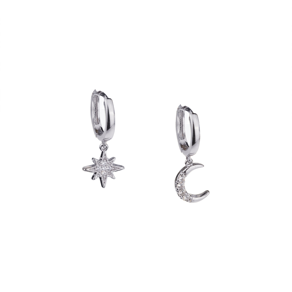 Moon & Star Huggie Hoop Earrings with Drop Charms, White Rhodium