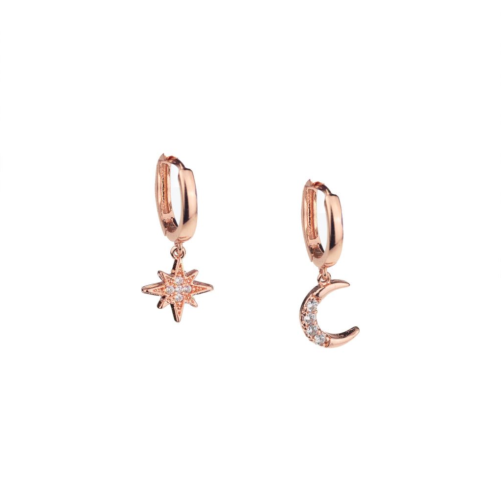 Moon & Star Huggie Hoop Earrings with Drop Charms, White Rhodium