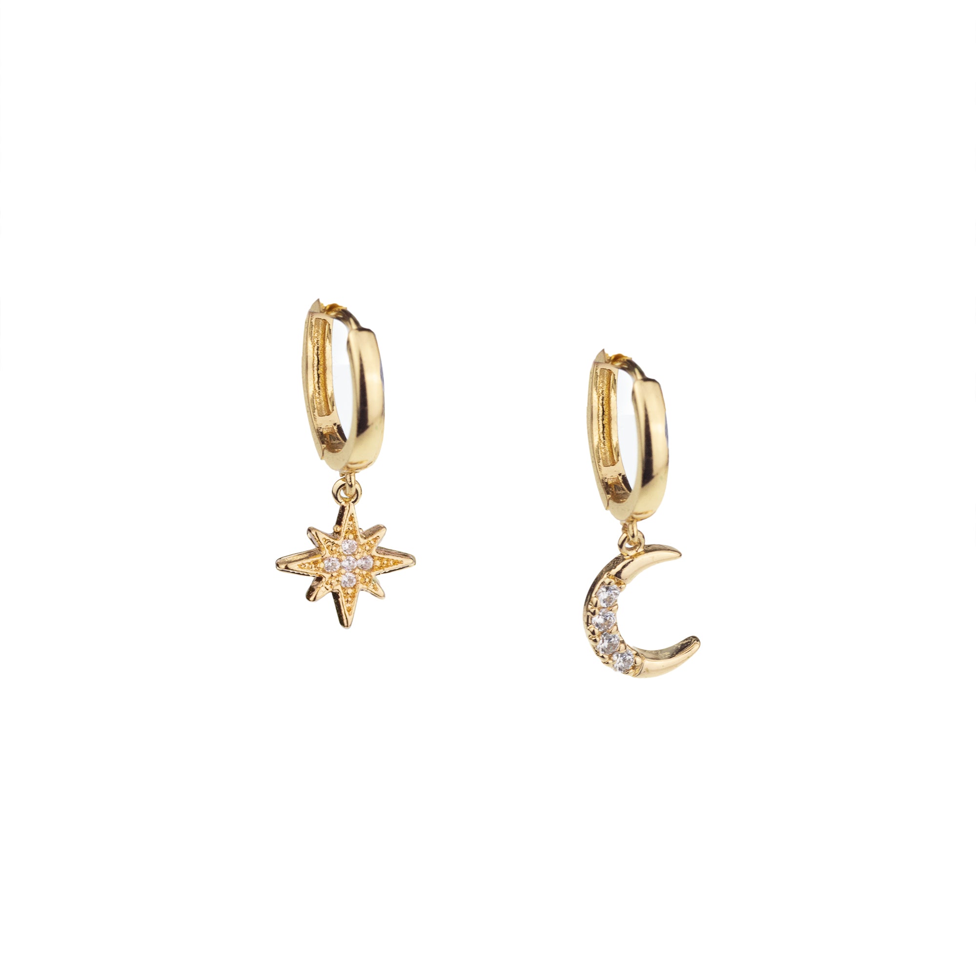 Moon & Star Huggie Hoop Earrings with Drop Charms, White Rhodium