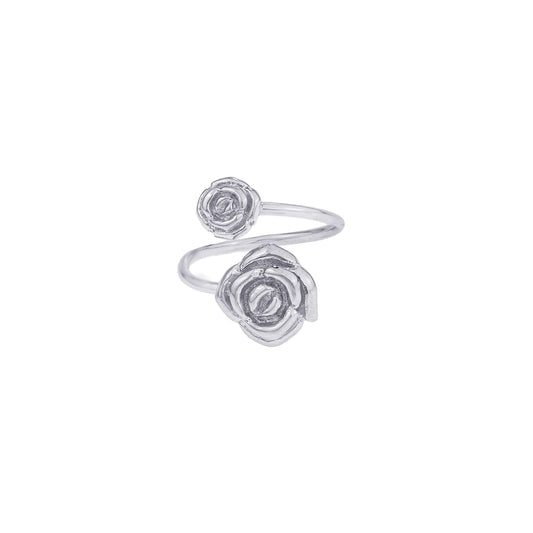 Double Rose Open Ring, One Size, White Rhodium