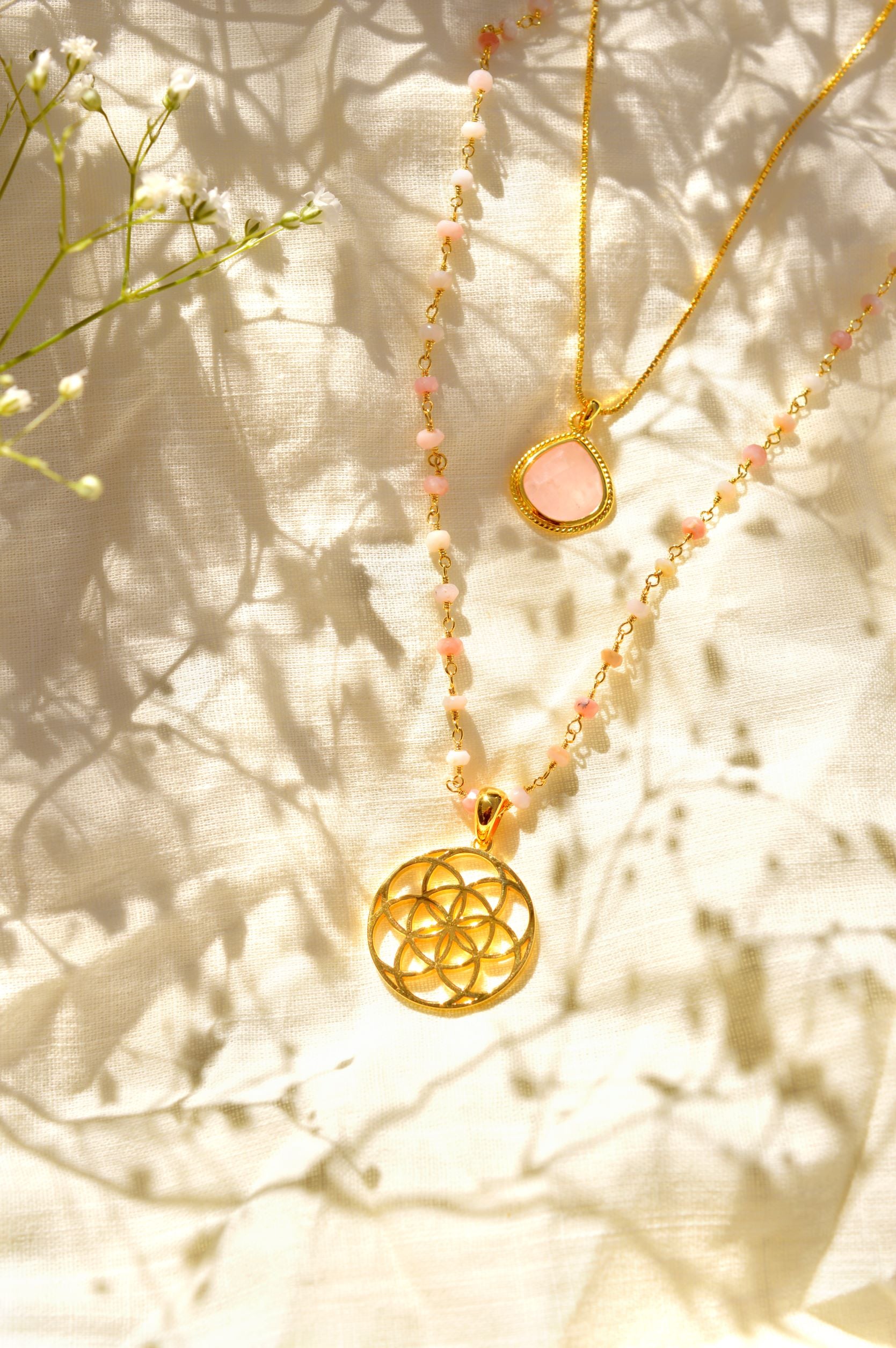 Spiritual Radiance Seed of Life Necklace – Pink Opal – 18K Gold Finish