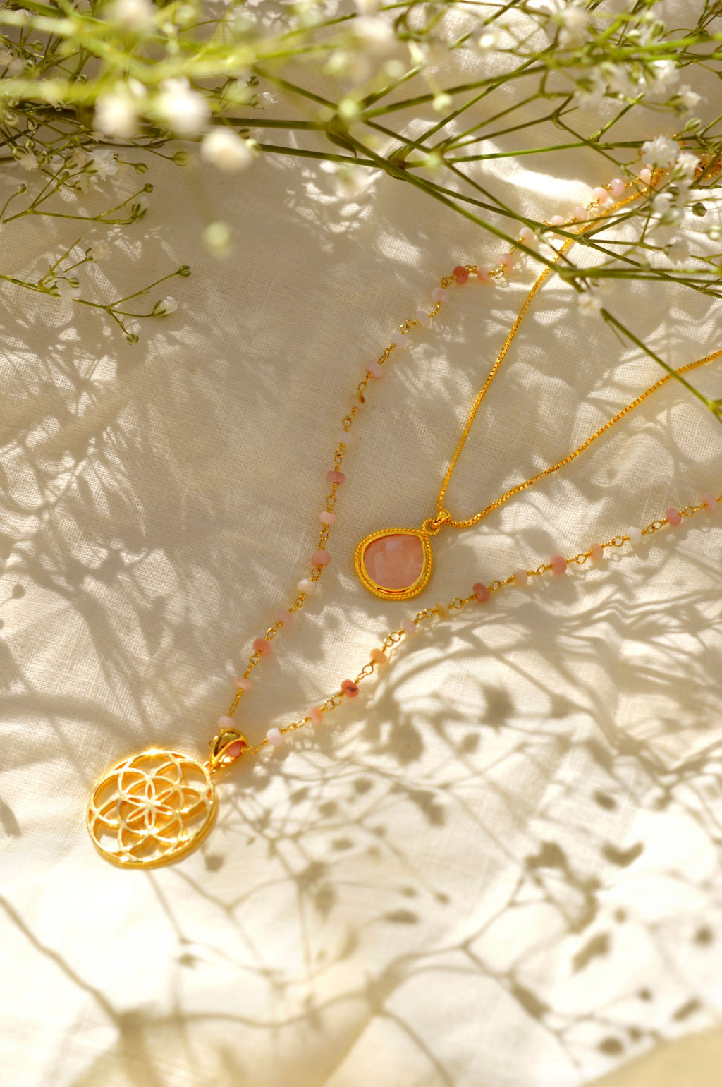 Spiritual Radiance Seed of Life Necklace – Pink Opal – 18K Gold Finish
