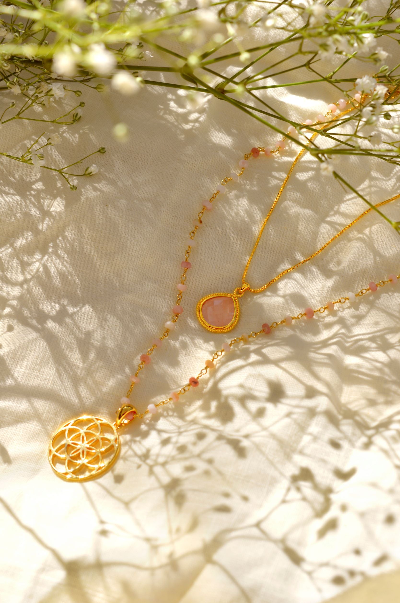 Spiritual Radiance Seed of Life Necklace – Pink Opal – 18K Gold Finish