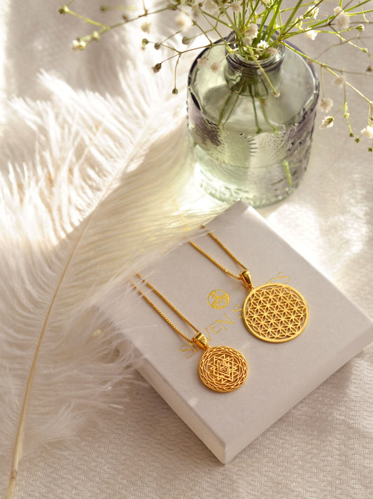 Sri Yantra + Flower of Life Prosperity & Protection Necklace Jewelry Set