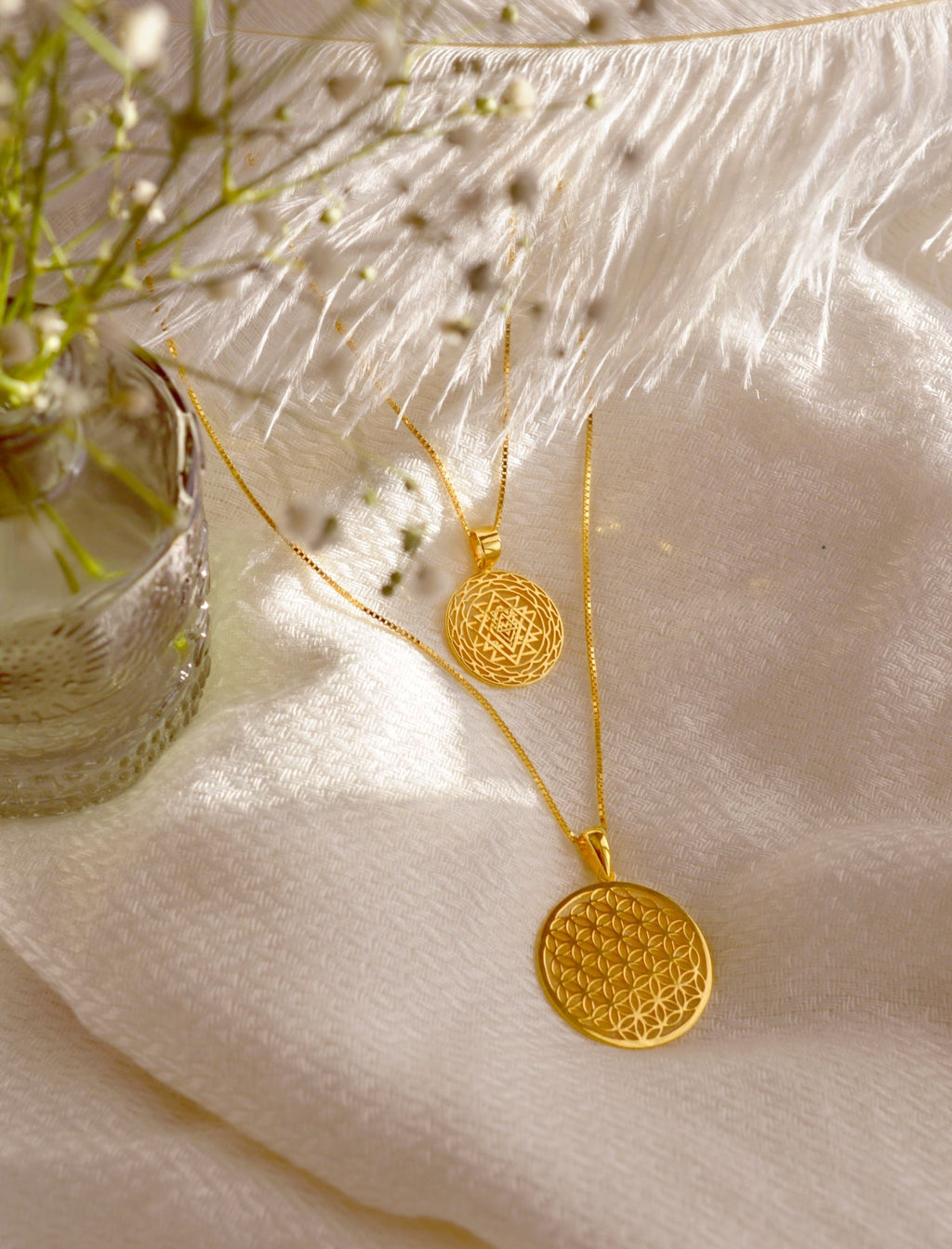 Sri Yantra & Flower of Life Prosperity & Protection Necklace Jewelry Set