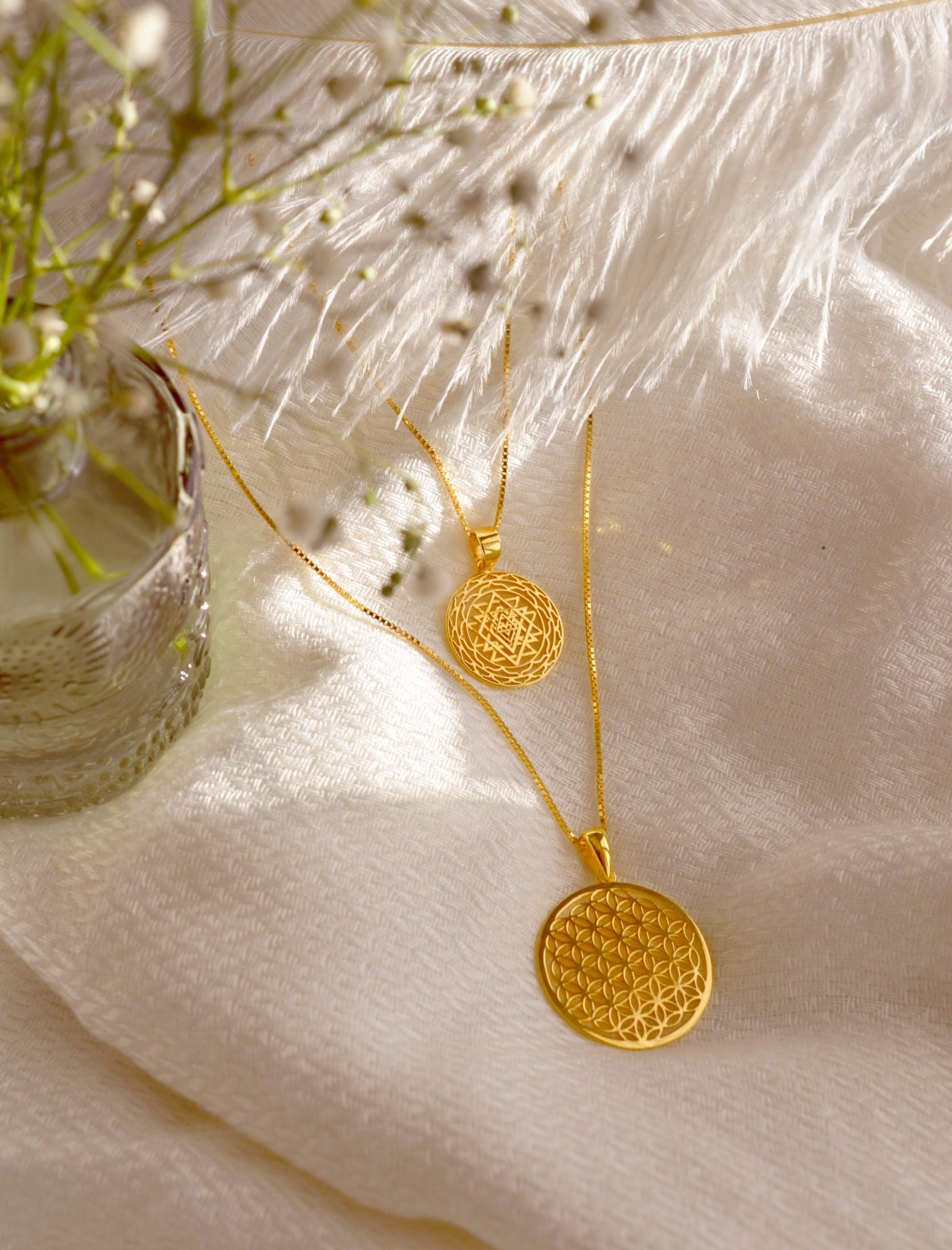 Sri Yantra & Flower of Life Prosperity & Protection Necklace Jewelry Set
