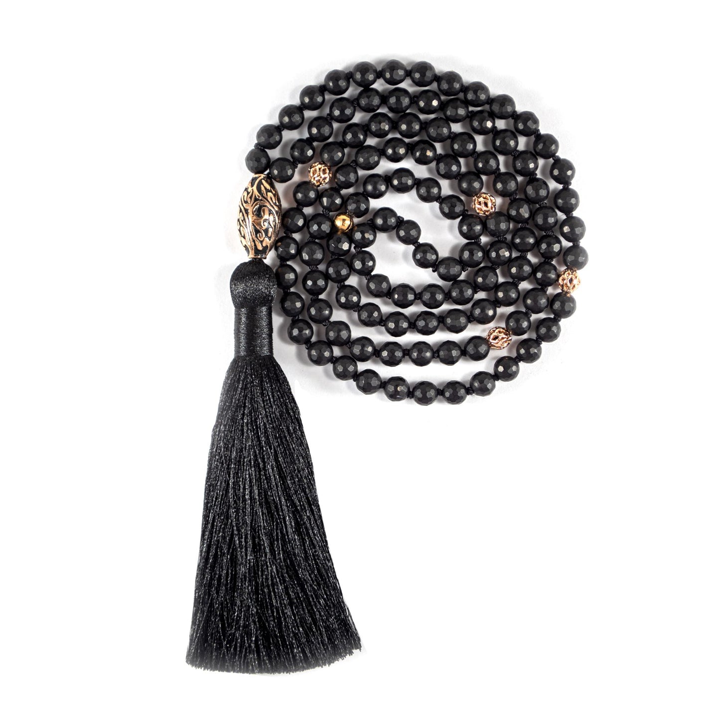 Energy Protection Black Onyx Repousse Mala, Rose Gold Plated