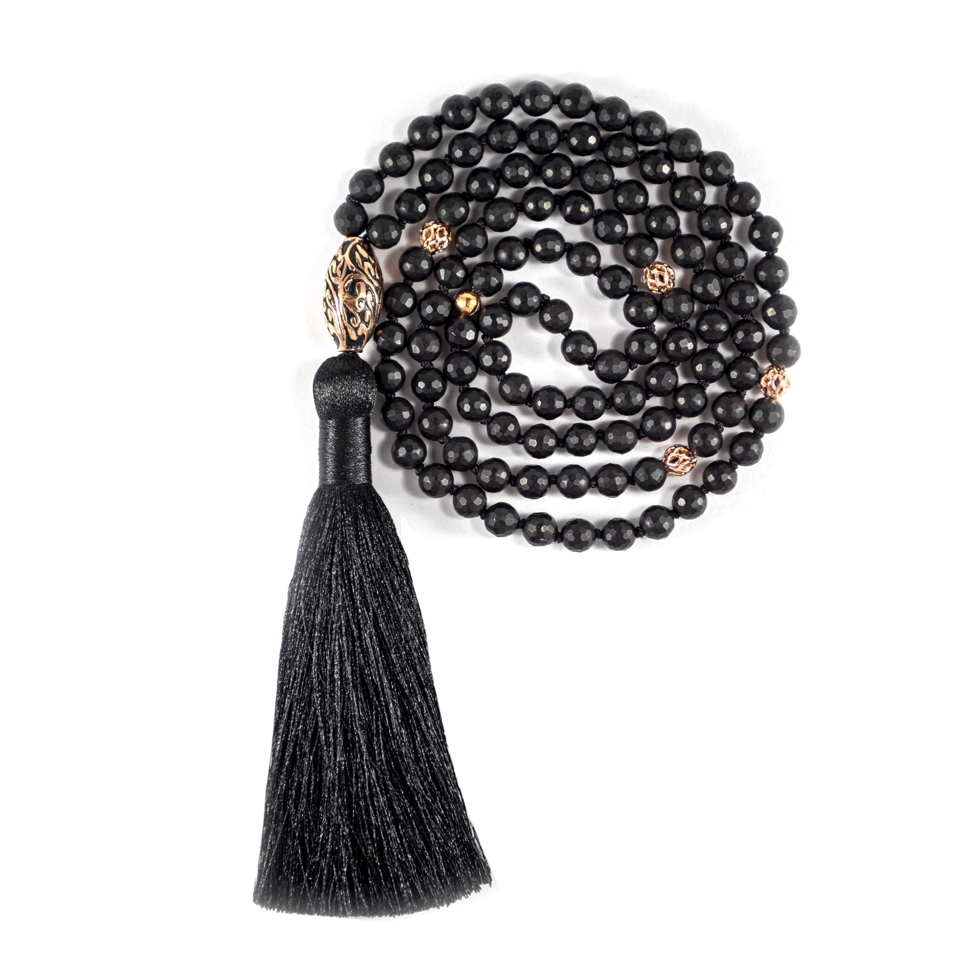 Energy Protection Black Onyx Repoussé Mala – Rose Gold Plated Spiritual Jewelry