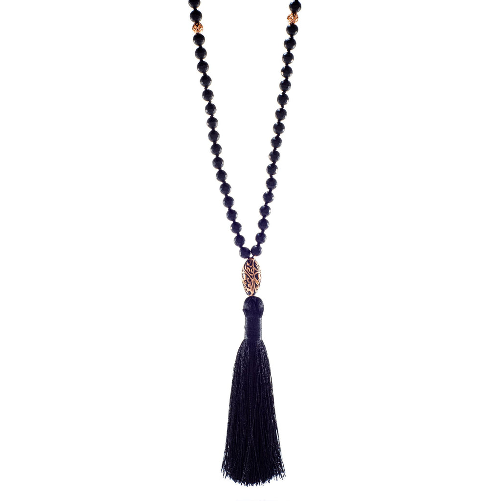 Energy Protection Black Onyx Repoussé Mala – Rose Gold Plated Spiritual Jewelry