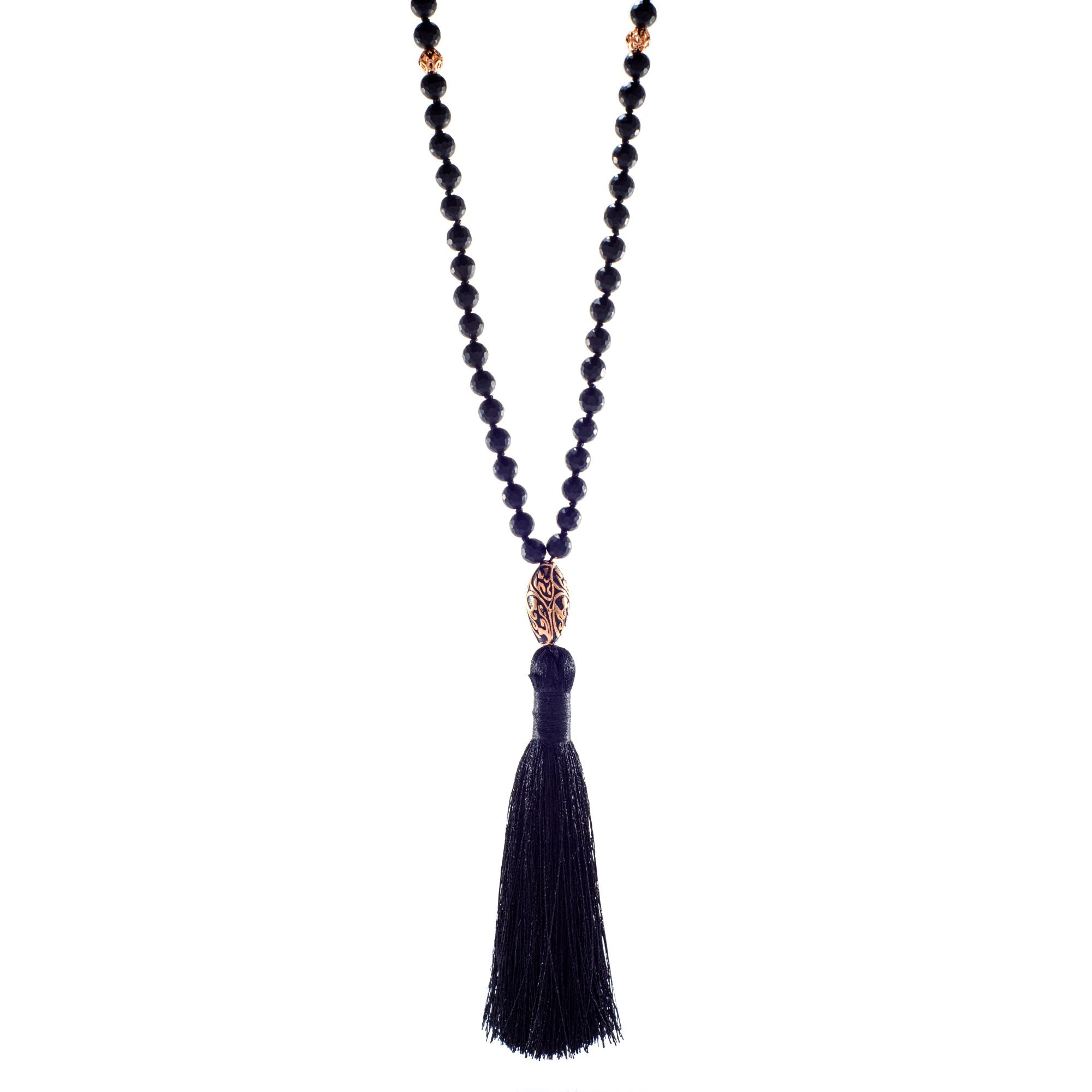 Energy Protection Black Onyx Repoussé Mala – Rose Gold Plated Spiritual Jewelry