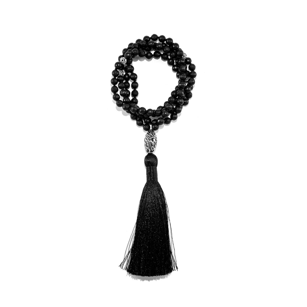 Energy Protection Black Onyx Repoussé Mala – White Rhodium Plated Spiritual Jewelry