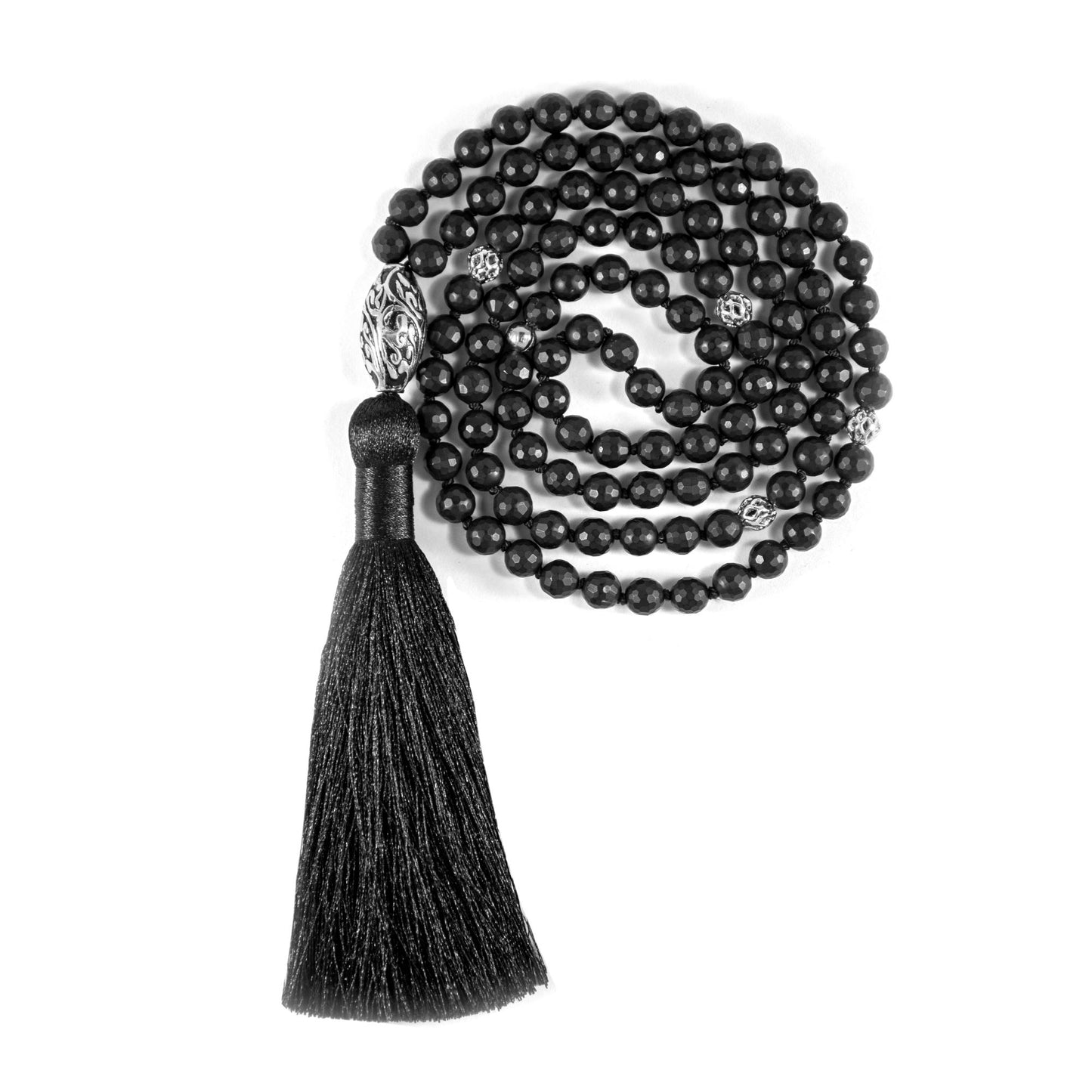 Energy Protection Black Onyx Repousse Mala, White Rhodium Plated