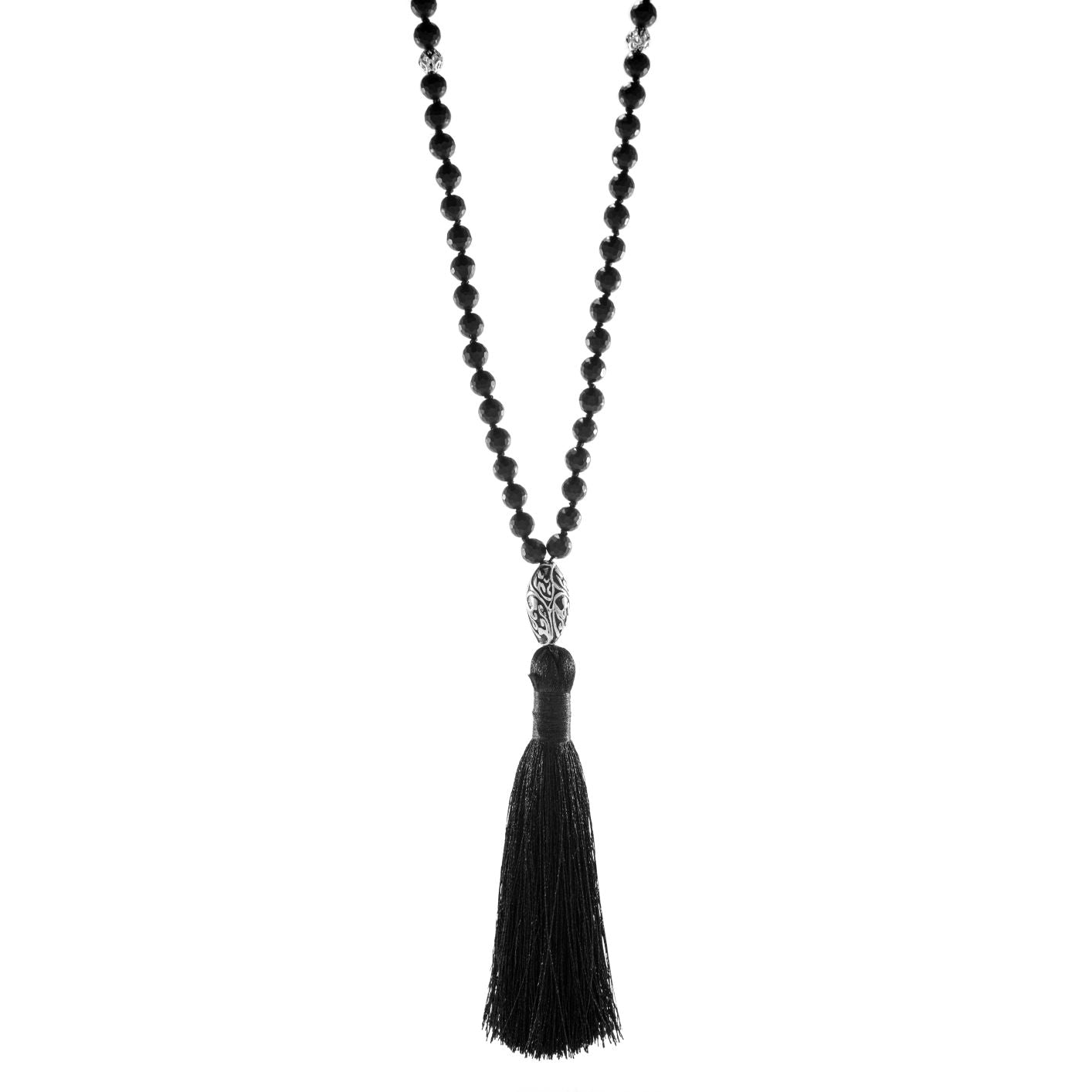 Energy Protection Black Onyx Repoussé Mala – White Rhodium Plated Spiritual Jewelry