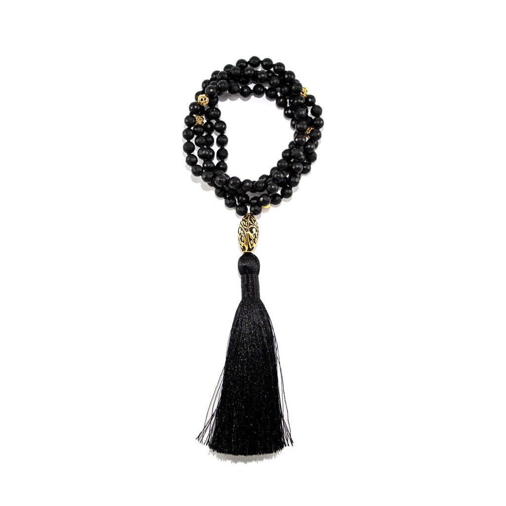 Energy Protection Black Onyx RepousseEnergy Protection Black Onyx Repoussé Mala – 18K Gold Plated Spiritual Jewelry Mala - 18k Gold Plated