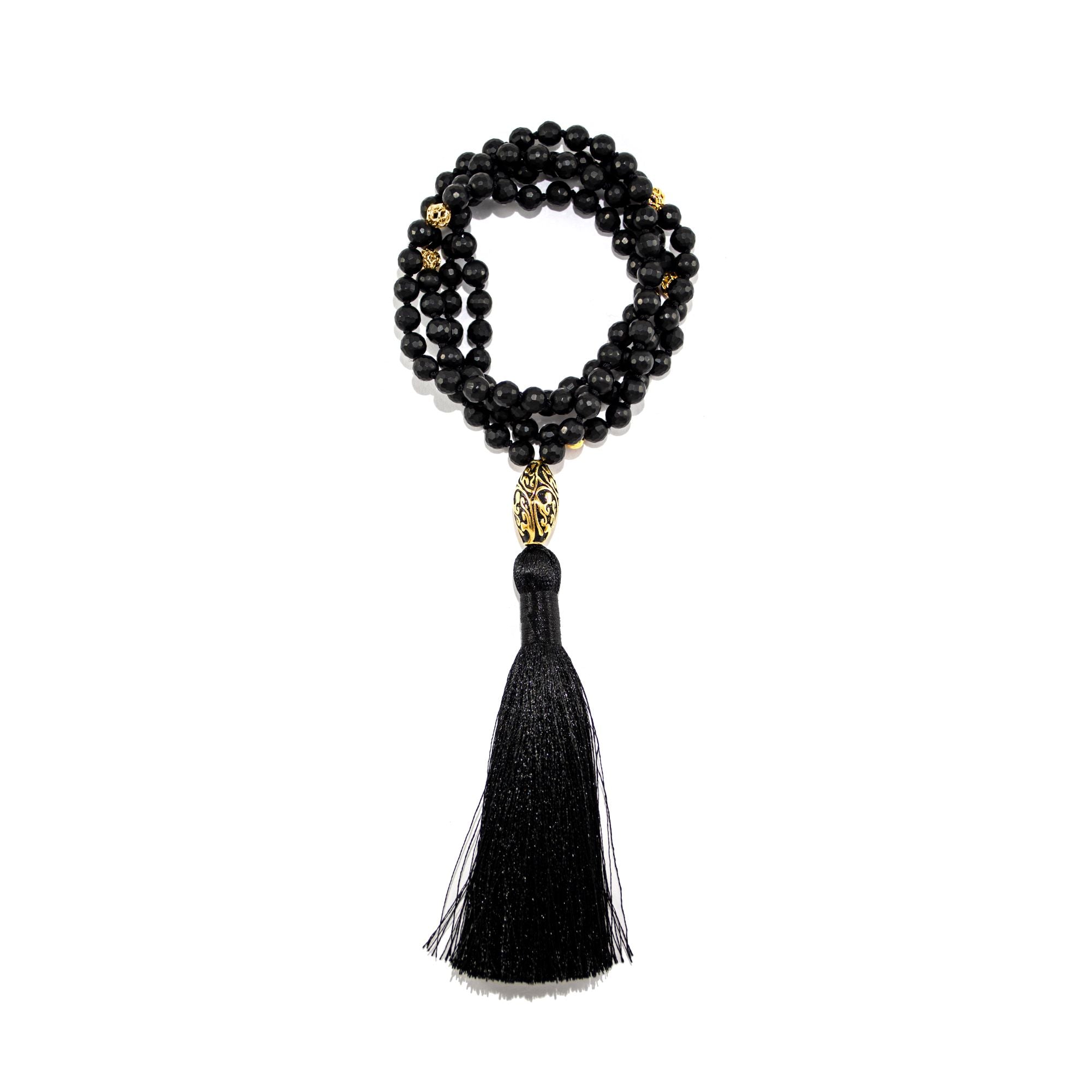 Energy Protection Black Onyx RepousseEnergy Protection Black Onyx Repoussé Mala – 18K Gold Plated Spiritual Jewelry Mala - 18k Gold Plated