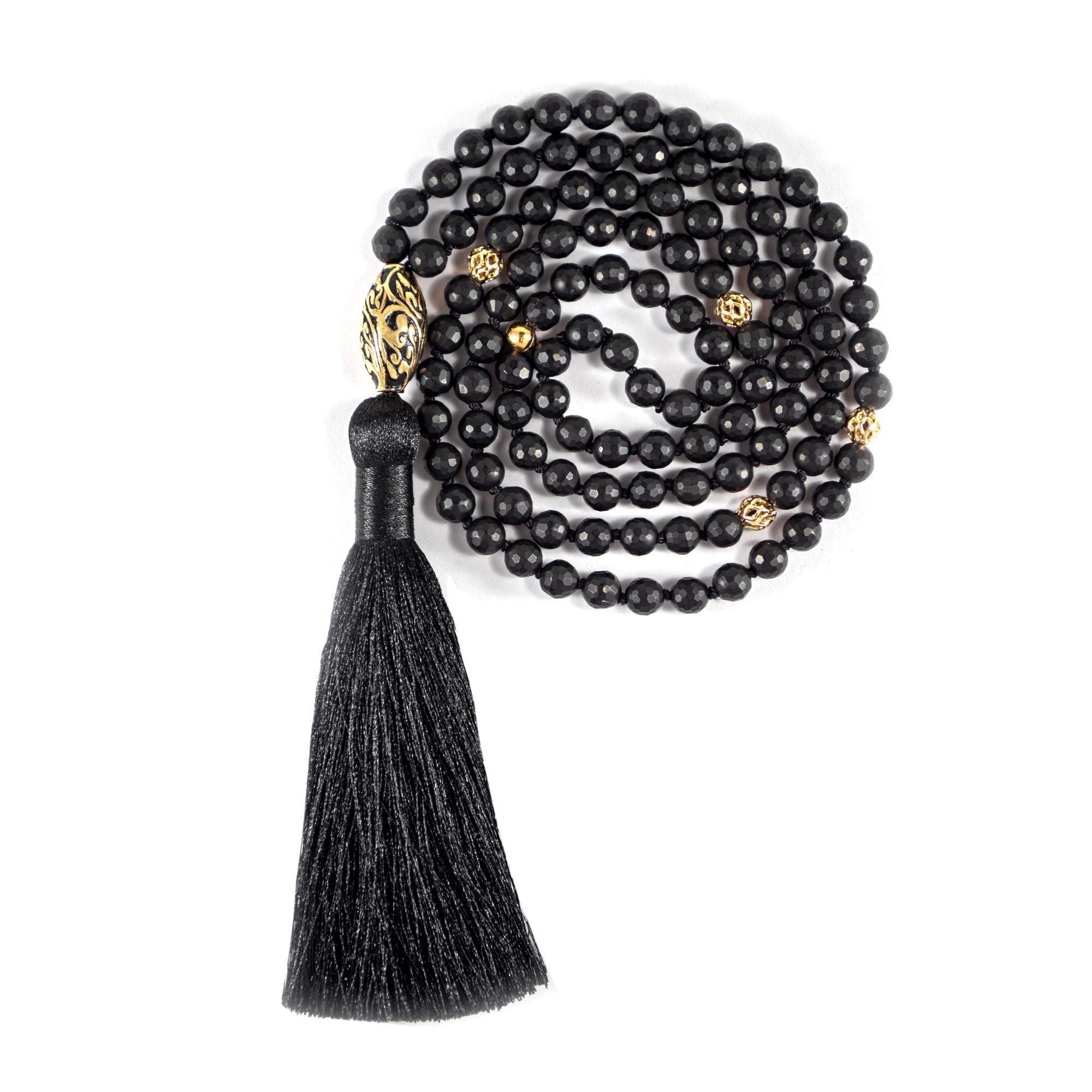 Energy Protection Black Onyx RepousseEnergy Protection Black Onyx Repoussé Mala – 18K Gold Plated Spiritual Jewelry Mala - 18k Gold Plated