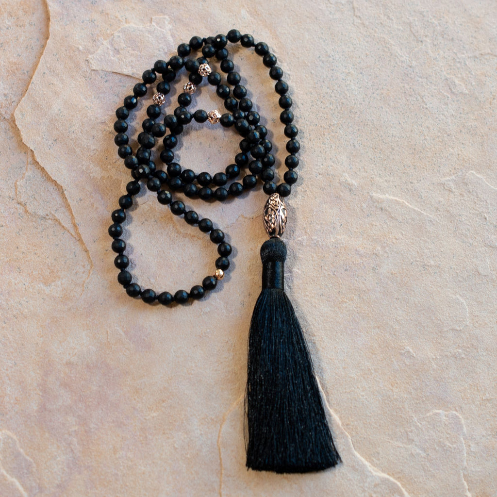 Energy Protection Black Onyx Repoussé Mala – White Rhodium Plated Spiritual Jewelry