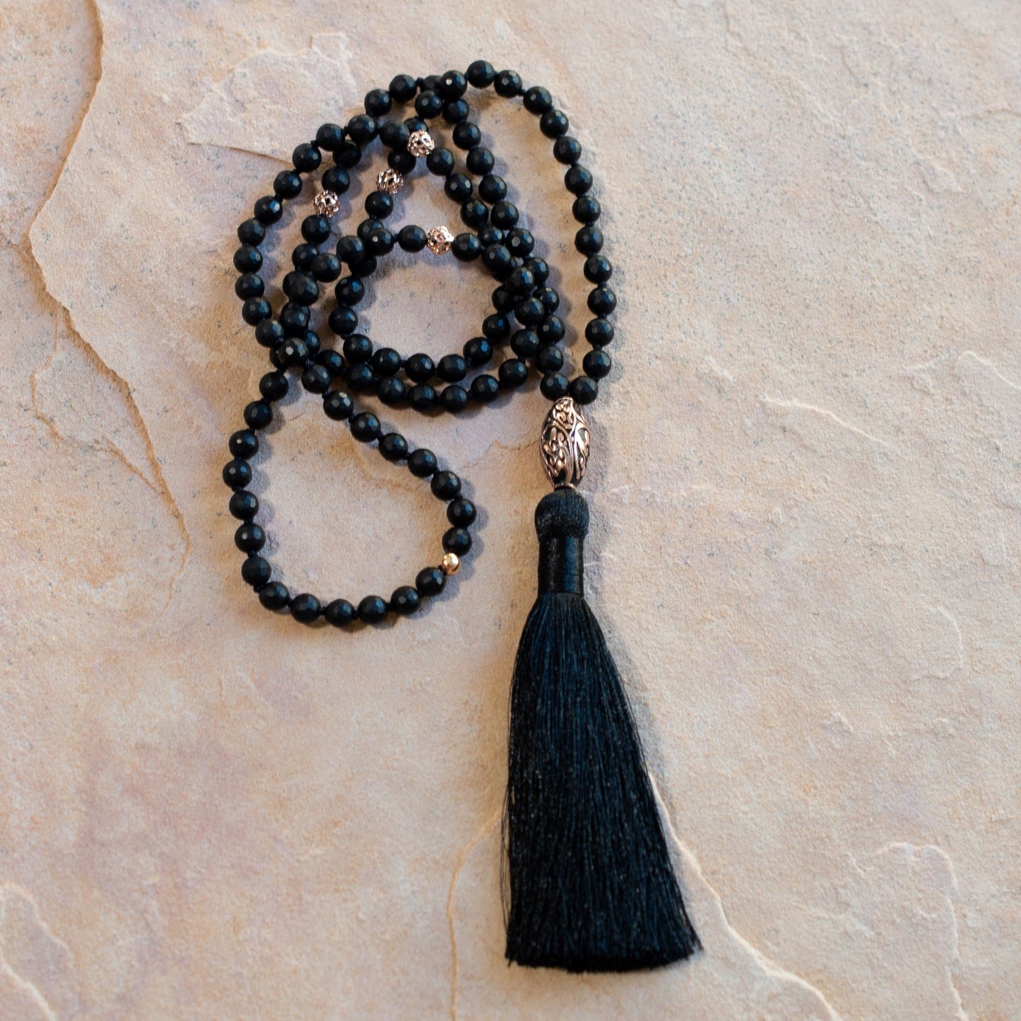 Energy Protection Black Onyx Repousse Mala, White Rhodium Plated