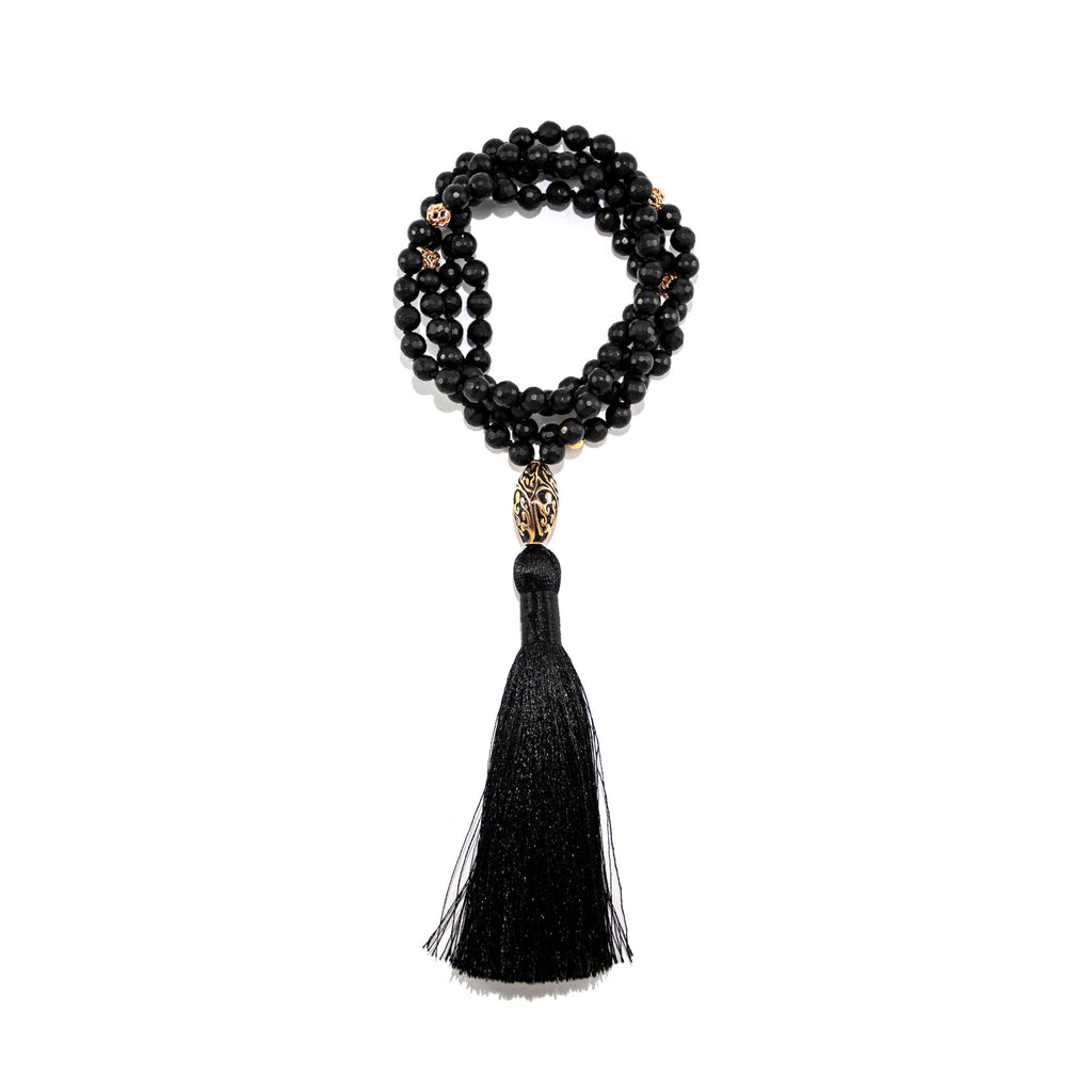 Energy Protection Black Onyx Repoussé Mala – Rose Gold Plated Spiritual Jewelry