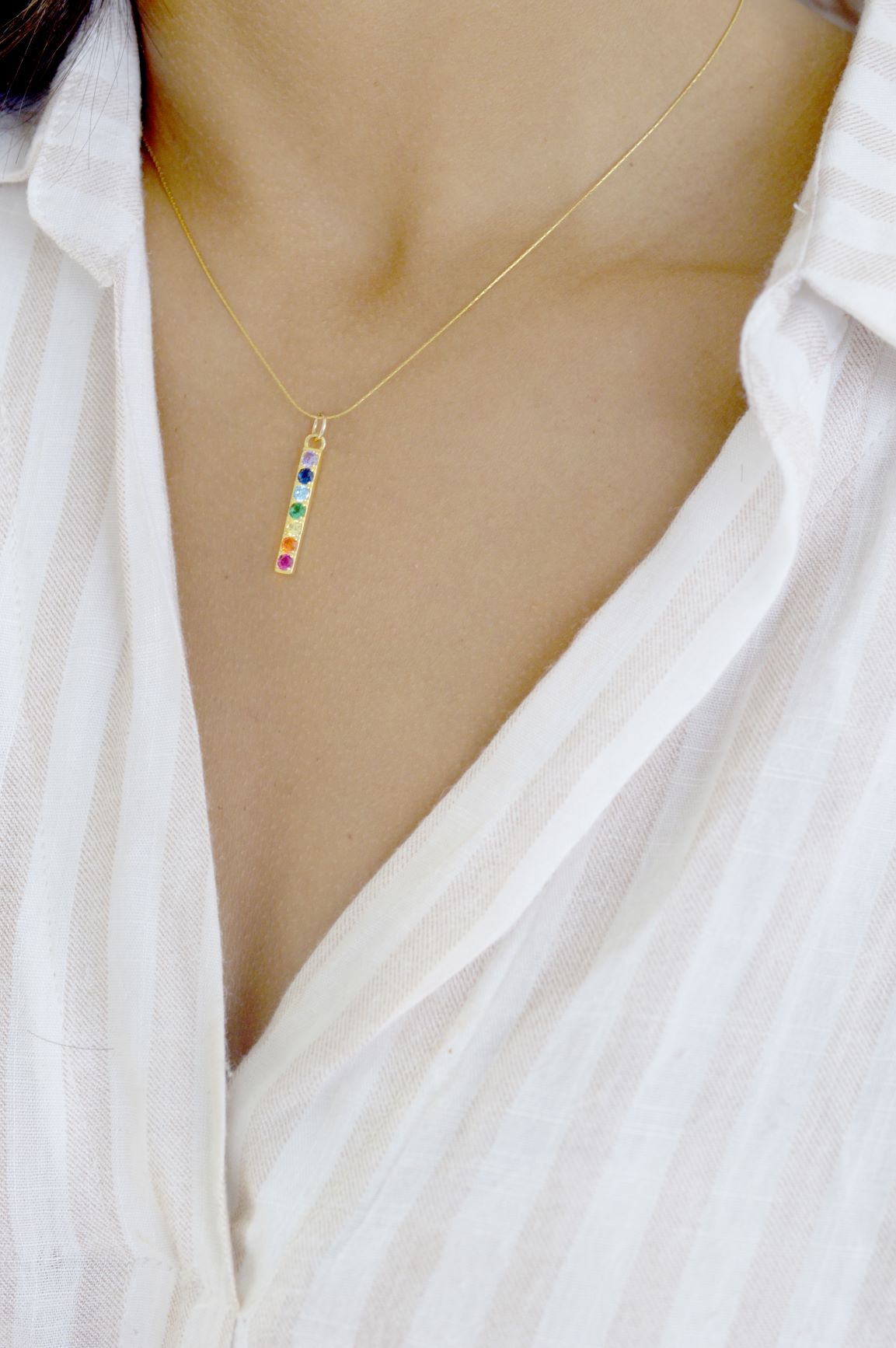 Chakra Align Rainbow Bar Necklace, White Rhodium