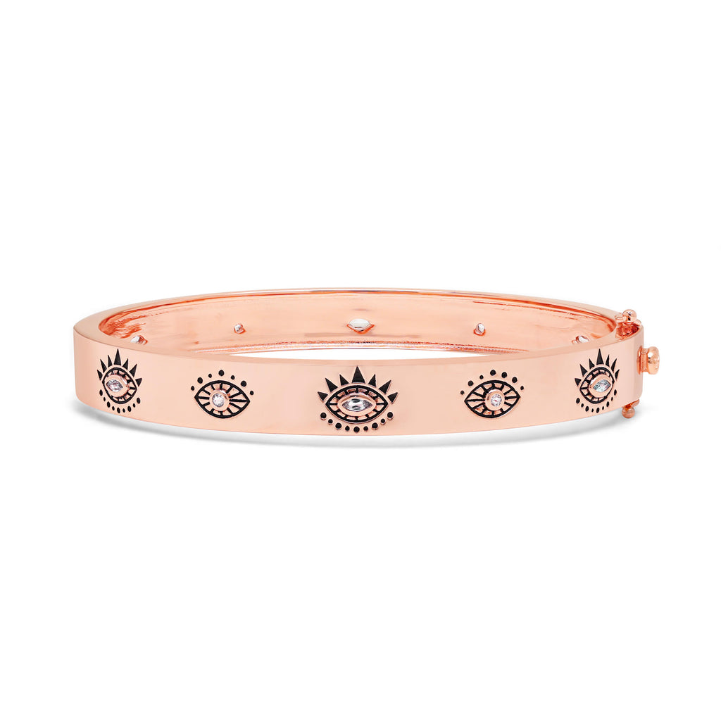 Evil Eye Protection Bangle – White & Blue Topaz – 18K Gold Plated Sterling Silver