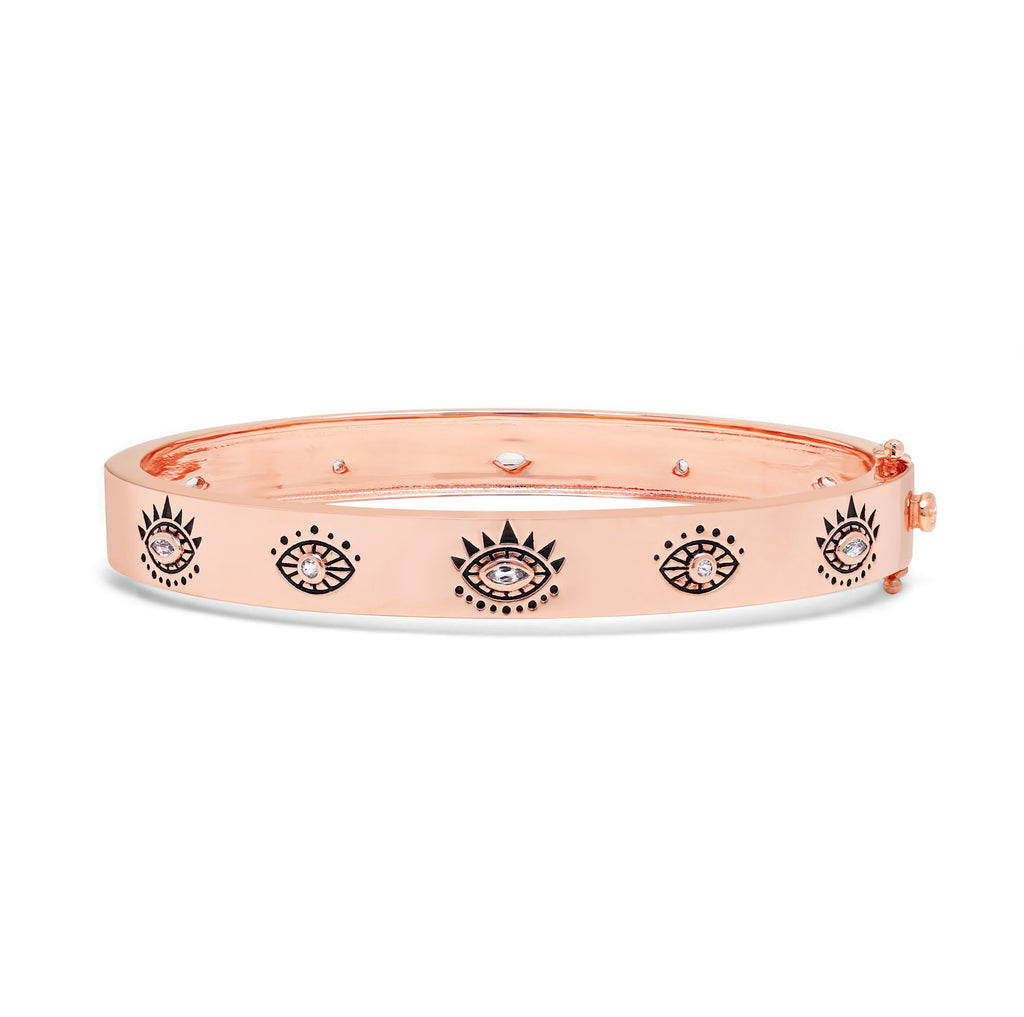 Evil Eye Protection Bangle - Rose Gold Plated Sterling Silver - White and Blue Topaz