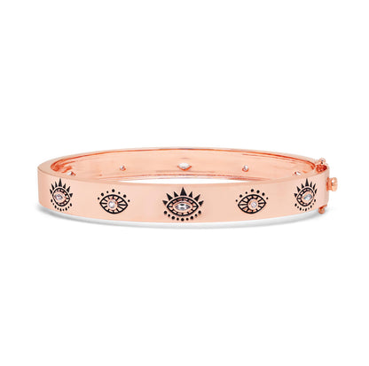 Evil Eye Protection Bangle, Rose Gold Plated Sterling Silver, White & Blue Topaz