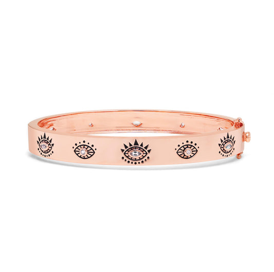 Evil Eye Protection Bangle, Rose Gold Plated Sterling Silver, White & Blue Topaz