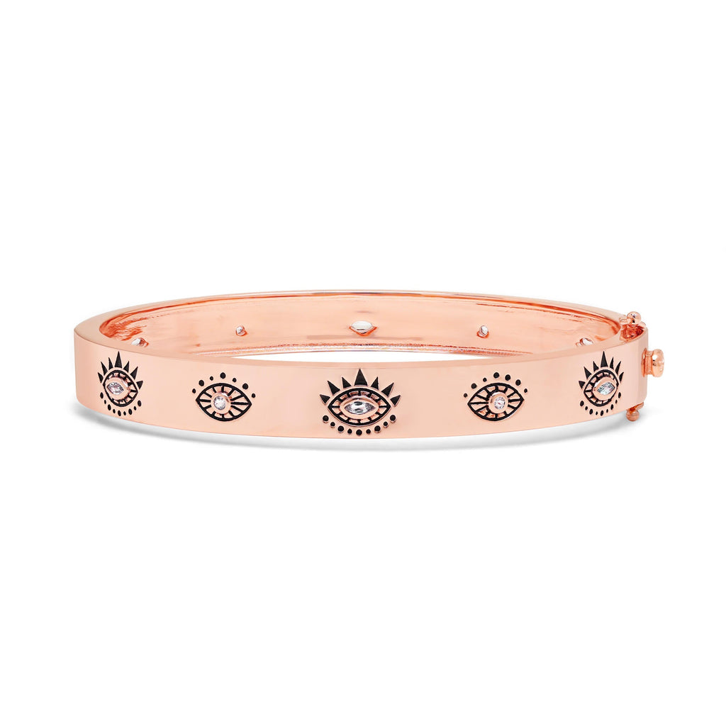 Evil Eye Protection Bangle – White & Blue Topaz – White Rhodium Over Sterling Silver