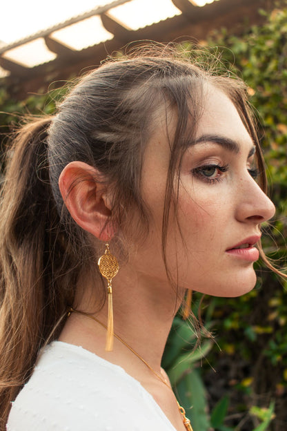 Flower of Life Protection Tassel Earrings, 18K Gold over Sterling Silver