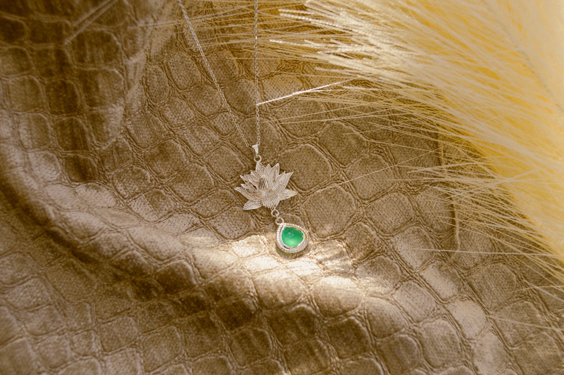 Aura Cleansing Lotus Necklace, Green Agate, White Rhodium, Seen in Vanity Fair UK