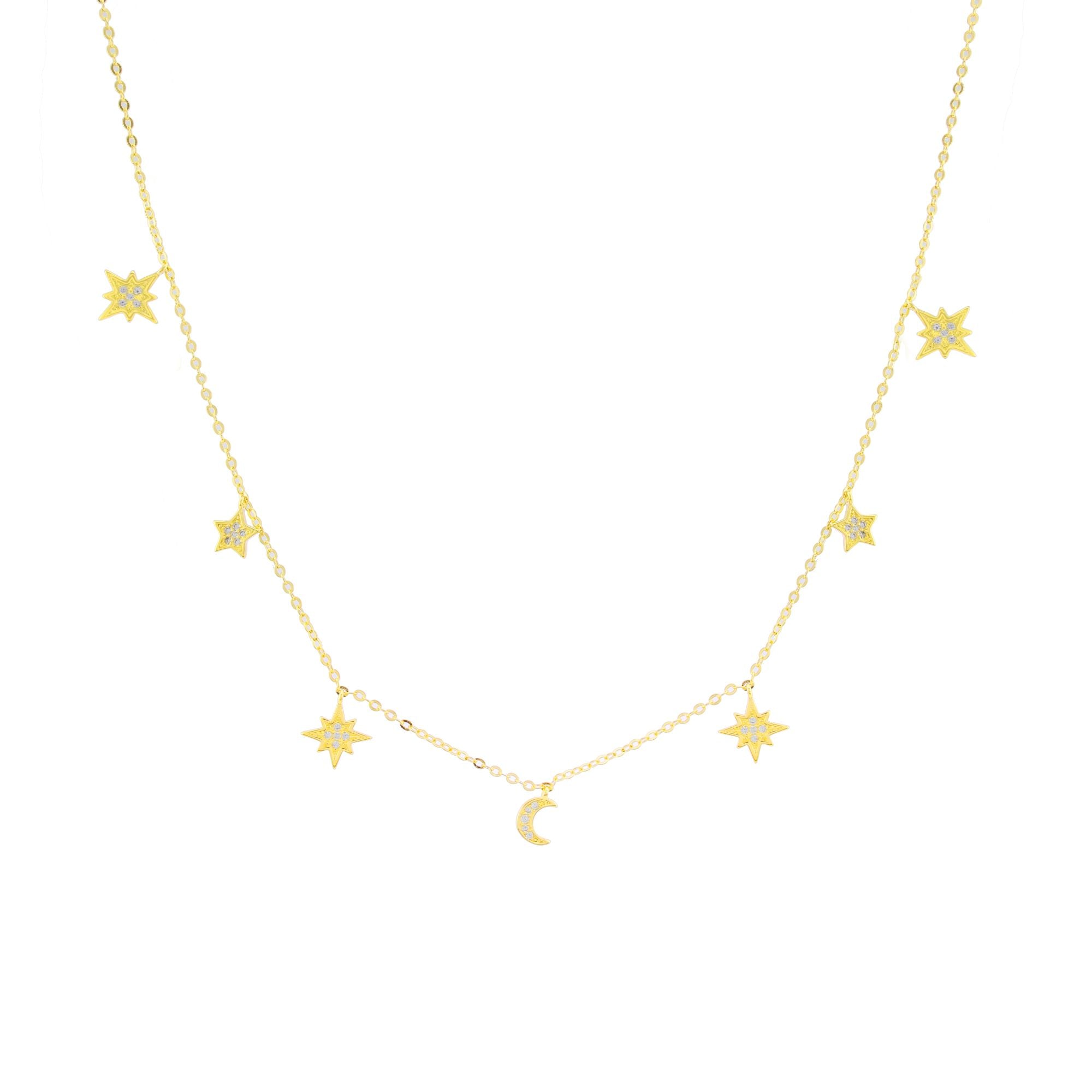 Heavenly Realms Moon & Stars Drop Choker Necklace – White Rhodium with CZ Diamonds