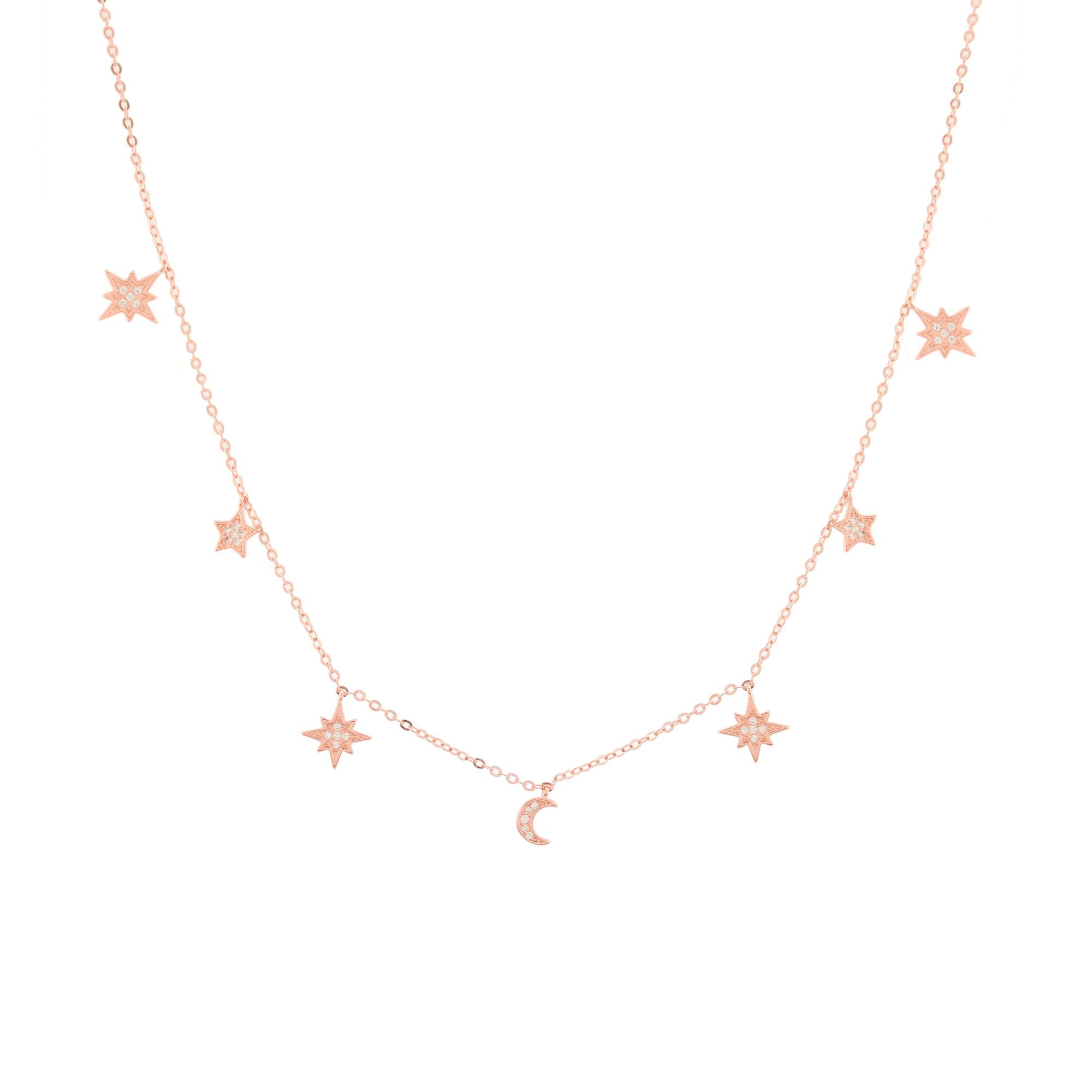 Heavenly Realms Moon & Stars Drop Choker Necklace – 18K Gold with CZ Diamonds