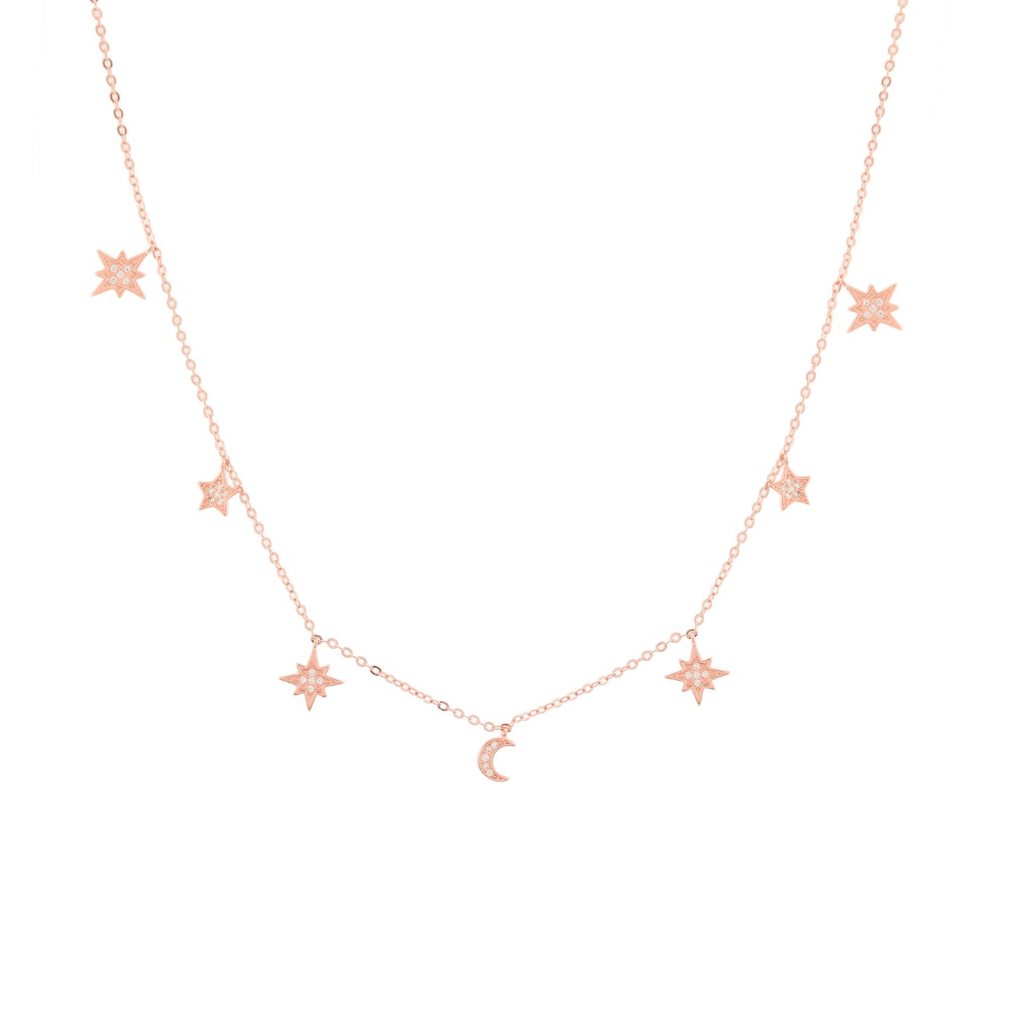 Heavenly Realms Moon & Stars Drop Choker Necklace, Rose Gold, CZ Diamond