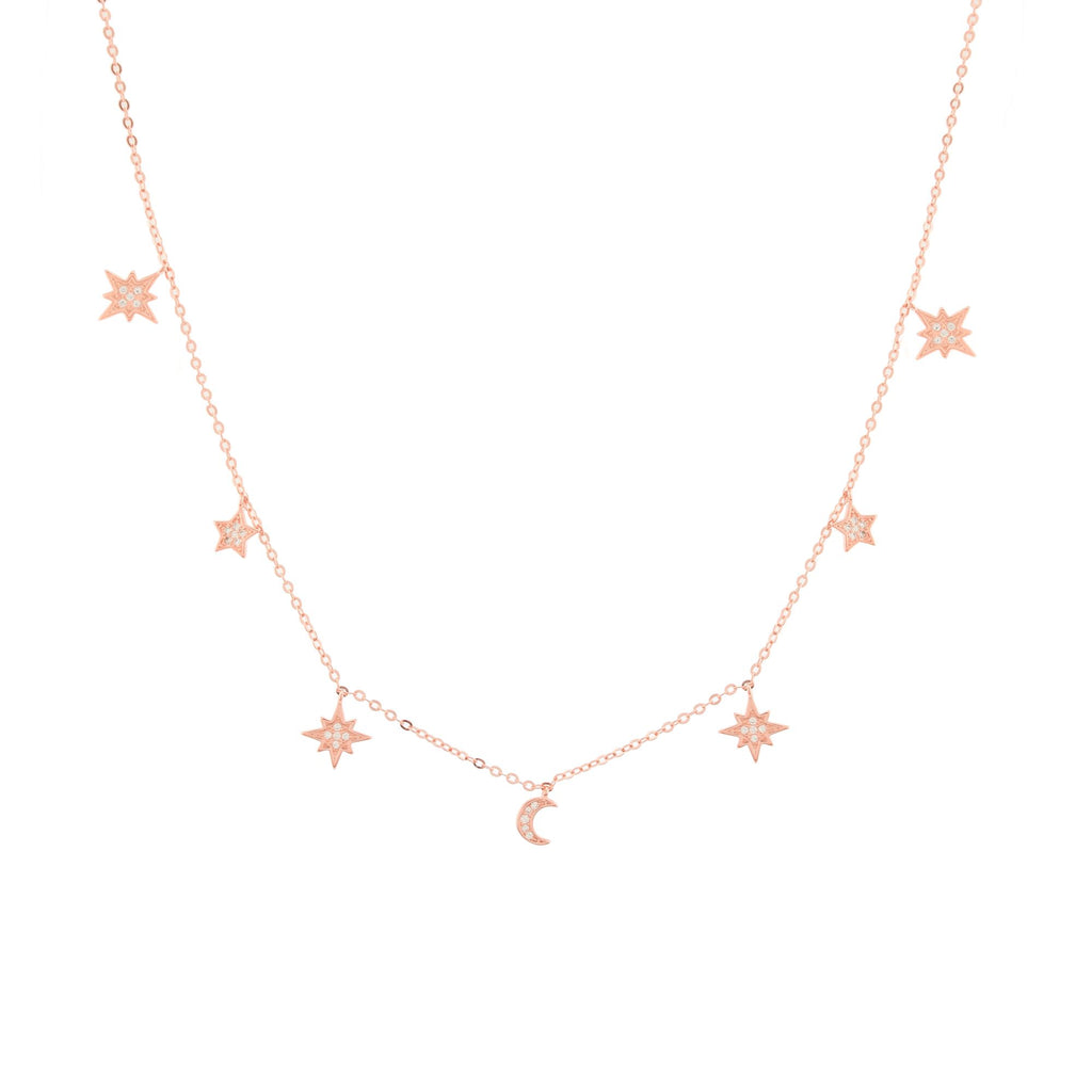 Heavenly Realms Moon & Stars Drop Choker Necklace – White Rhodium with CZ Diamonds