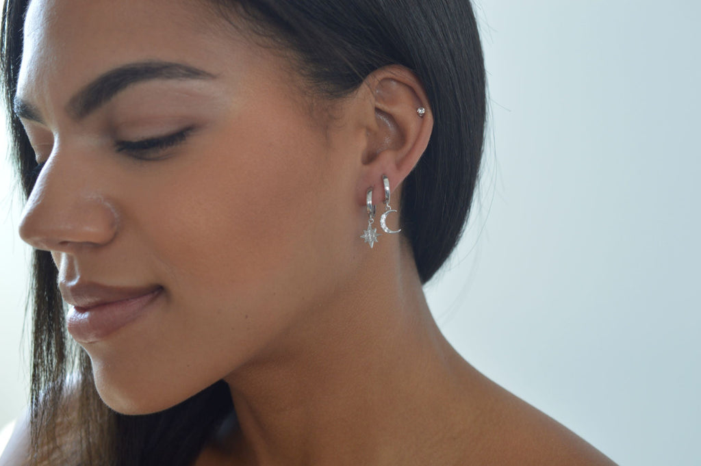 Moon & Star Huggie Hoop Earrings with Drop Charms, White Rhodium