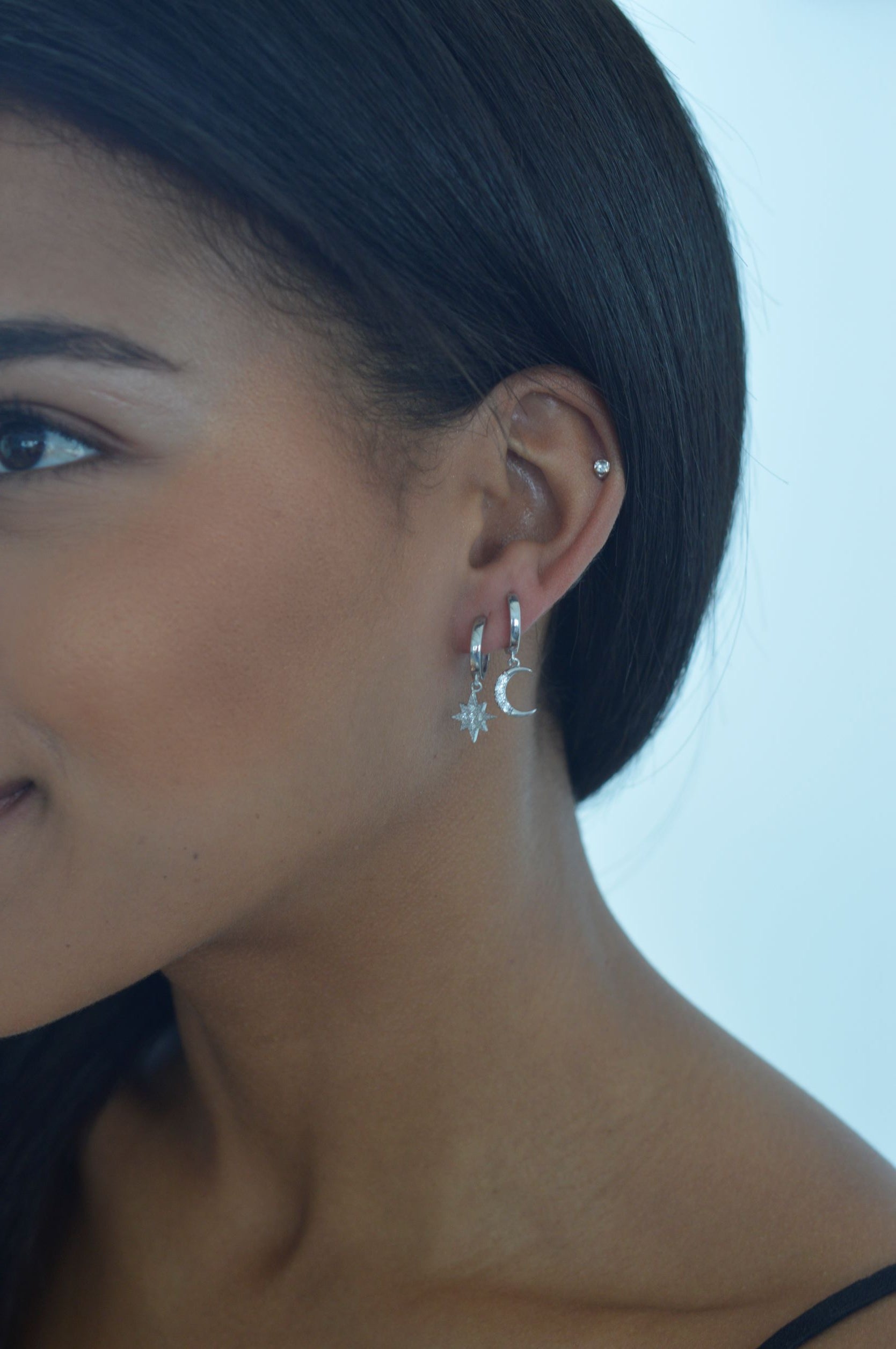 Moon & Star Huggie Hoop Earrings with Drop Charms, White Rhodium