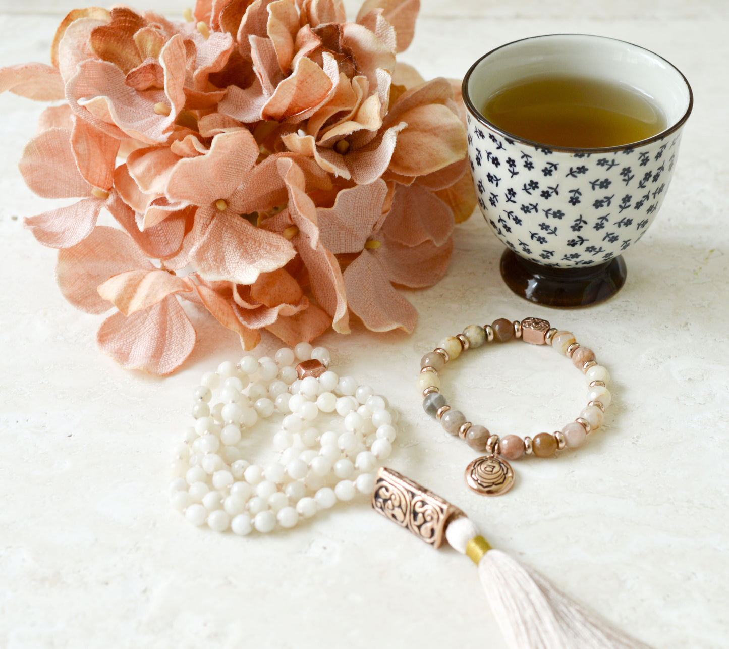 Divine Intuition 108 Bead Mala, Cream Moonstone