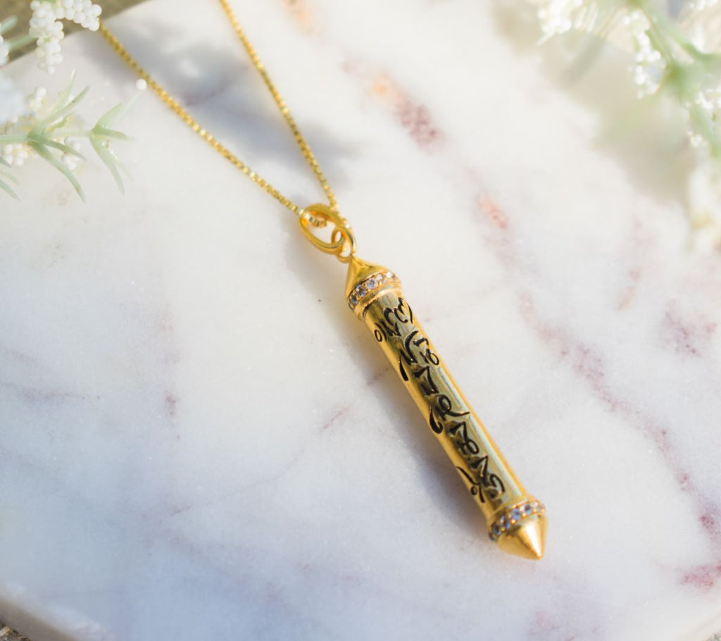 OM MANI PADME HUM 18k Gold - White Topaz Prayer Necklace - Seen in Harpers Bazaar UK