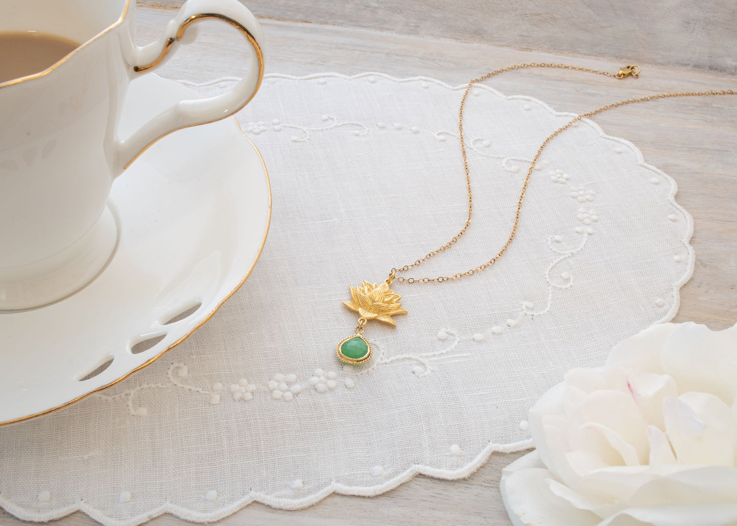 Aura Cleansing Lotus Necklace, Green Agate, 18K Gold, Seen in Vanity Fair UK