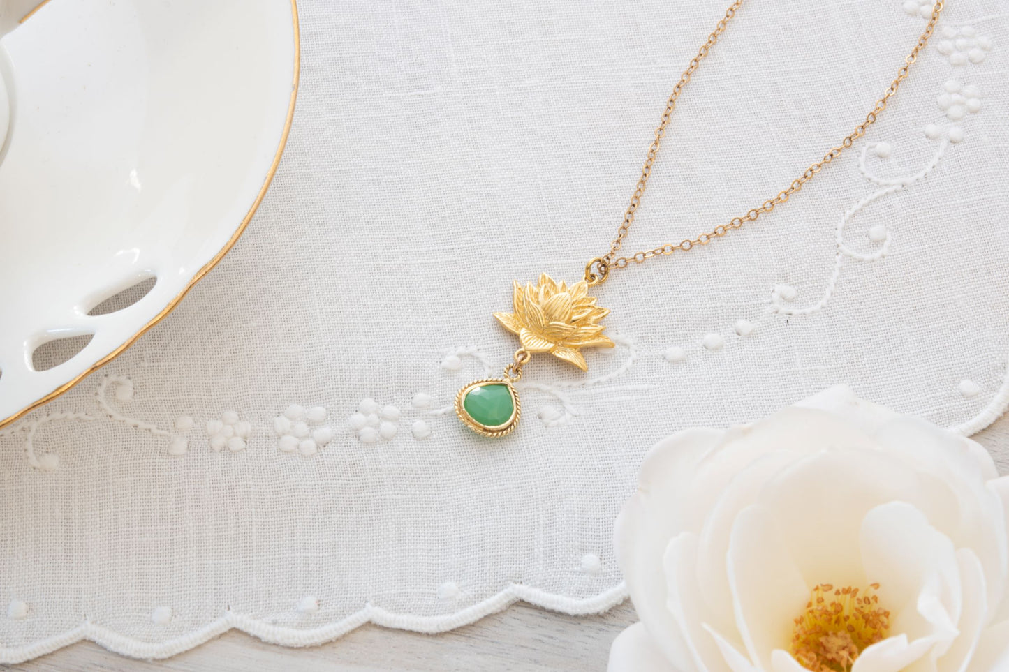 Aura Cleansing Lotus Necklace, Green Agate, 18K Gold, Seen in Vanity Fair UK