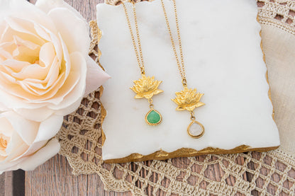 Aura Cleansing Lotus Necklace, Green Agate, 18K Gold, Seen in Vanity Fair UK