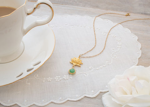 Aura Cleansing Lotus Necklace, Green Agate, 18K Gold, Seen in Vanity Fair UK