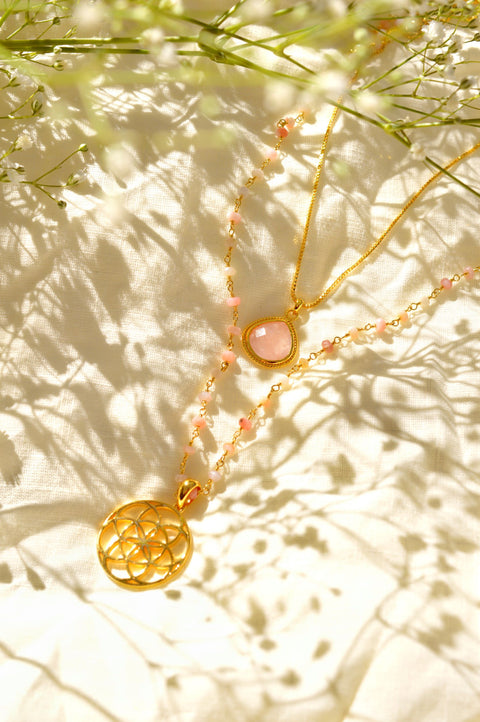 Rose Quartz Compassionate Heart Adjustable Necklace, 18K Gold