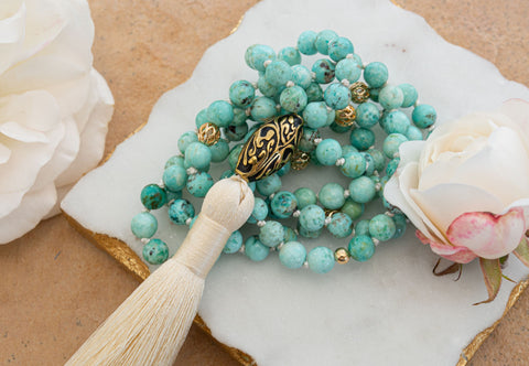 Good Fortune Peruvian Turquoise Repousse Mala, 18k Gold Plated