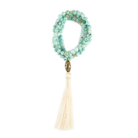 Good Fortune Peruvian Turquoise Repousse Mala, 18k Gold Plated
